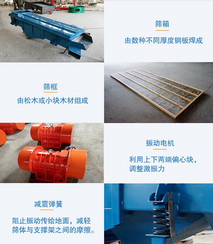 小型直線篩篩箱，篩框，振動(dòng)電機(jī)，彈簧等部件圖片展示